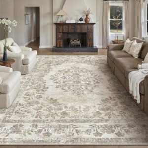 OHGOOGNESS 6x9 Area Rug Beige Washable Vintage Distressed Living Room Carpet Large Bedroom Indoor Medallion Floral Non Slip Retro Throw Floor Mat