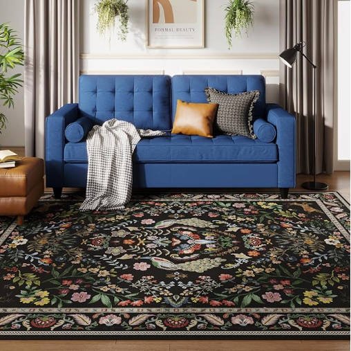 OHGOOGNESS Living Room Rug 6x9 Rug Machine Washable Area Rug Floral Non-Slip Low Pile Large Rug for Living Room