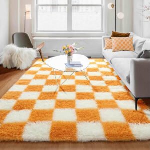 OHGOOGNESS Soft Fluffy 5x8 Orange and Cream White Rugs Living Room Carpets, Large Fuzzy Checkered Shag Area Rug Big Carpet for Bedroom