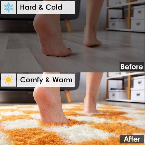 OHGOOGNESS Soft Fluffy 5x8 Orange and Cream White Rugs Living Room Carpets, Large Fuzzy Checkered Shag Area Rug Big Carpet for Bedroom - Image 3